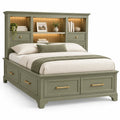 Estructura de cama con cabecero con estantes y cajones, verde y marrón