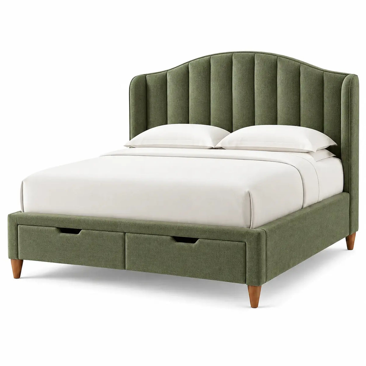 Estructura de cama con cabecero con acolchado acanalado y cajones, verde y marrón