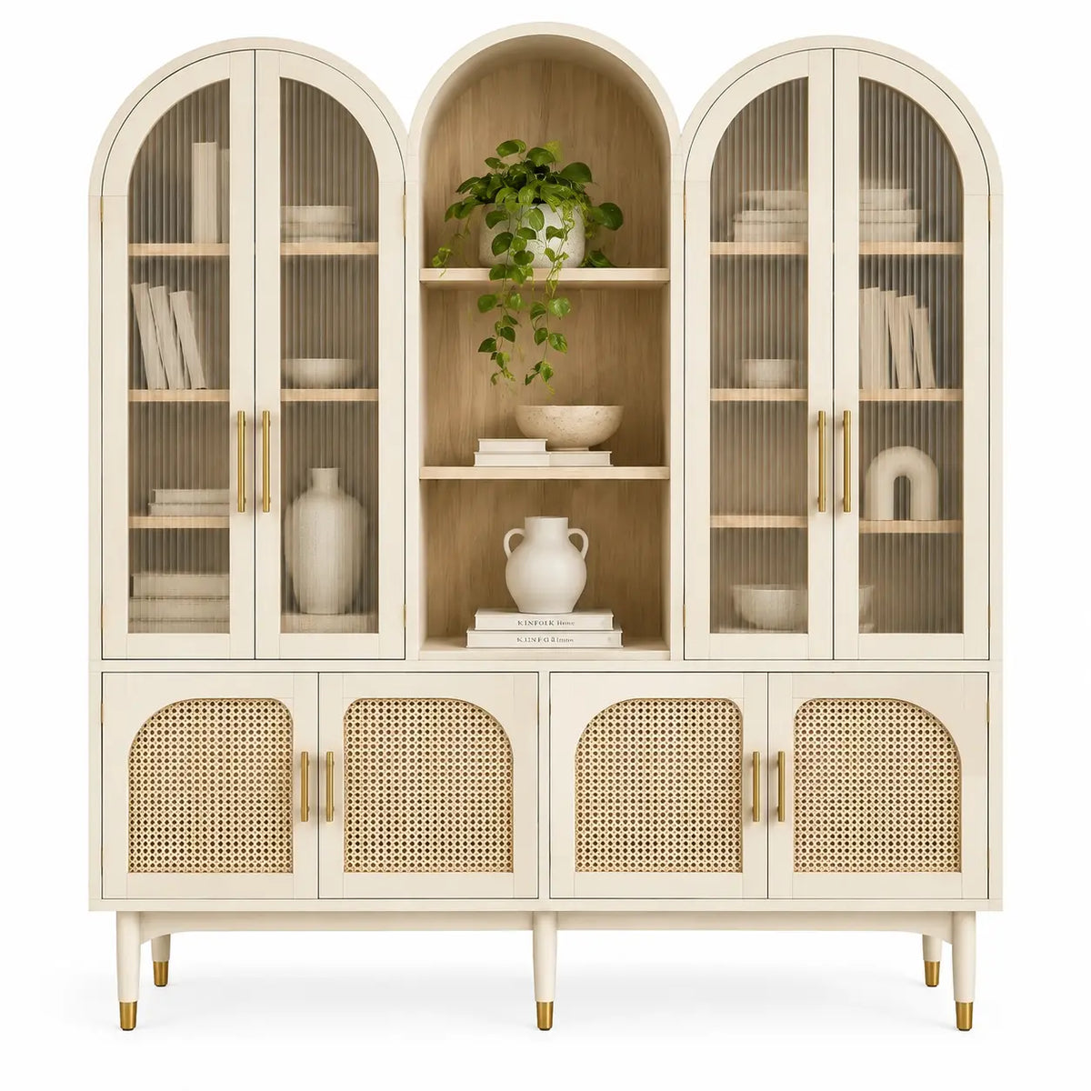 Vitrina de almacenamiento con formas arqueadas y estantes, blanco y marrón