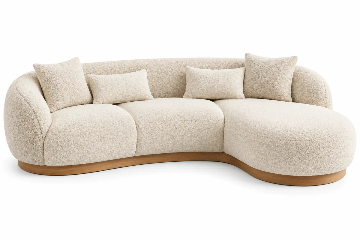 Sofá curvo tapizado de contorno redondeado, beige y marrón