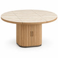 Mesa de comedor de contorno redondeado, beige y marrón