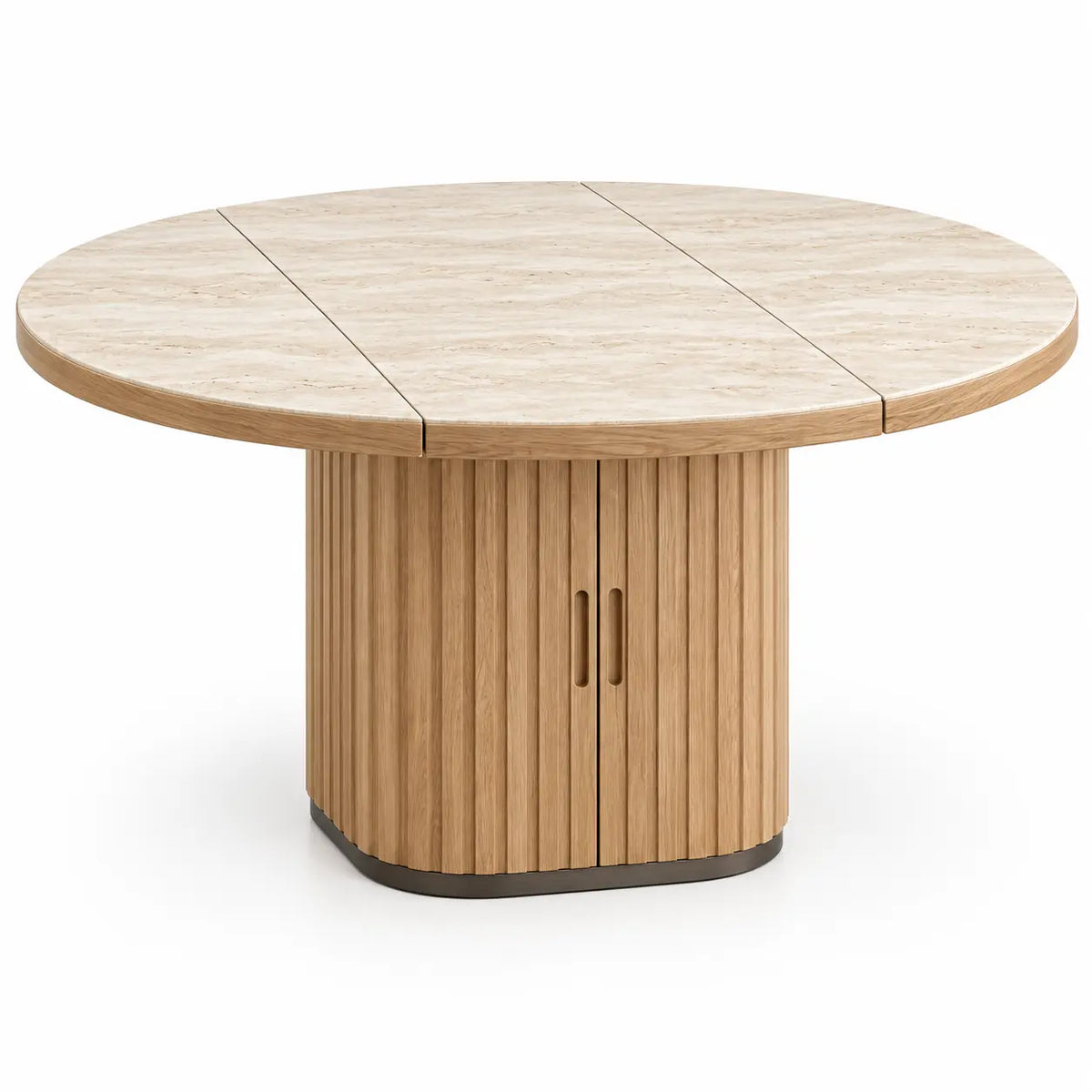 Mesa de comedor de contorno redondeado, beige y marrón