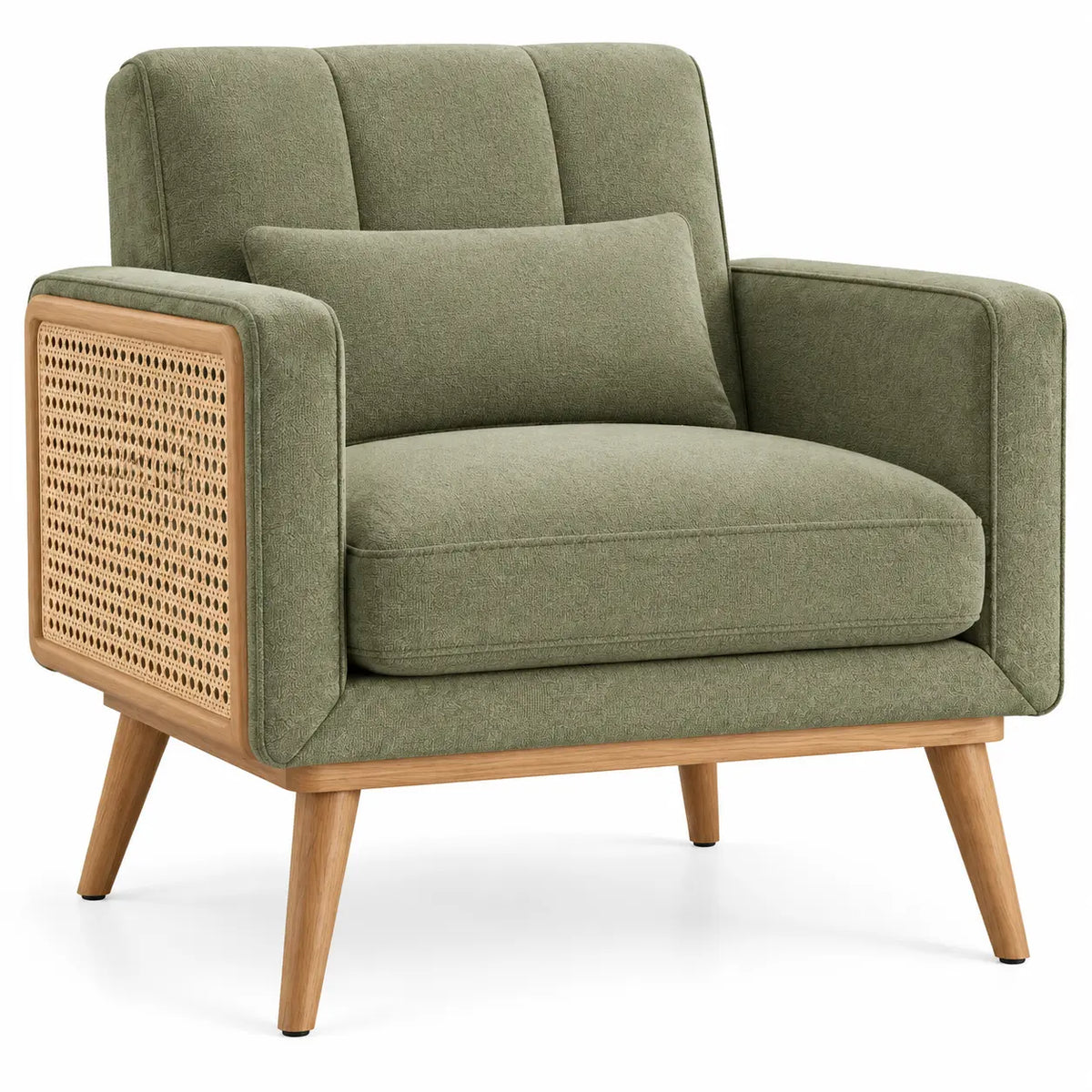 Sillón tapizado con detalles de entramado, verde y marrón