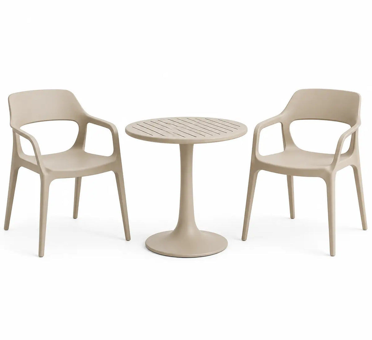 Conjunto de mesa y dos asientos de contorno redondeado, beige