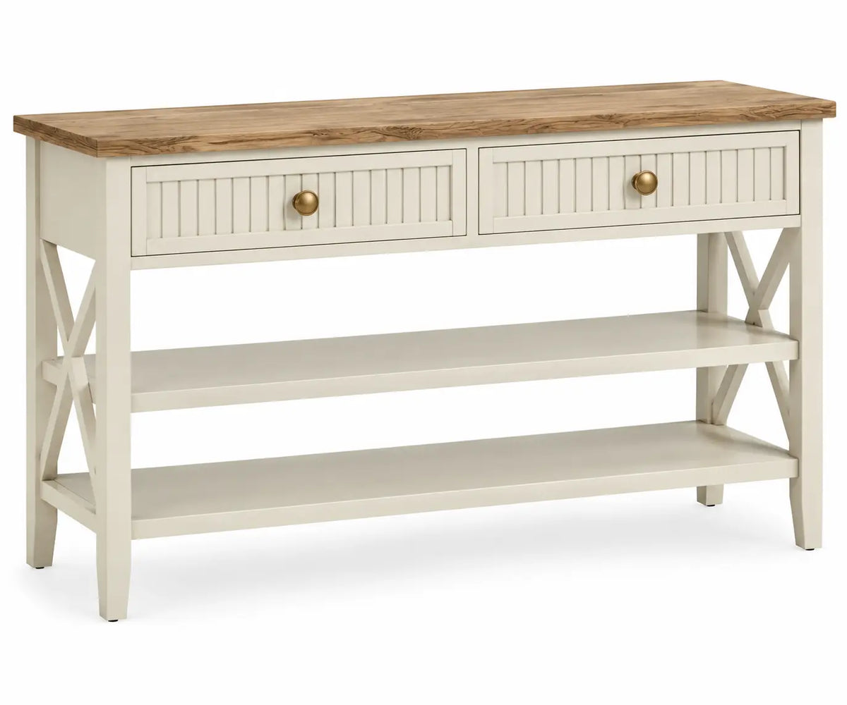 Consola de recibidor con detalles cruzados y cajones, blanco y marrón