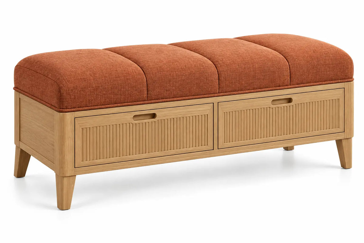 Banco con asiento acolchado con detalles de líneas verticales y cajones, terracota y marrón