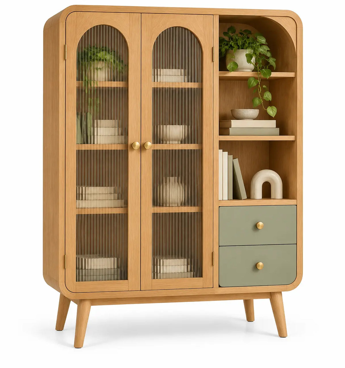 Vitrina de almacenamiento con formas arqueadas y estantes, marrón y verde