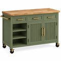 Mueble auxiliar de cocina con ruedas con detalles de líneas verticales y estantes, verde y marrón