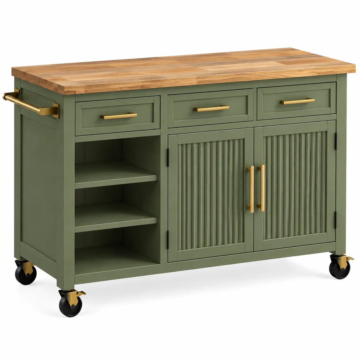 Mueble auxiliar de cocina con ruedas con detalles de líneas verticales y estantes, verde y marrón