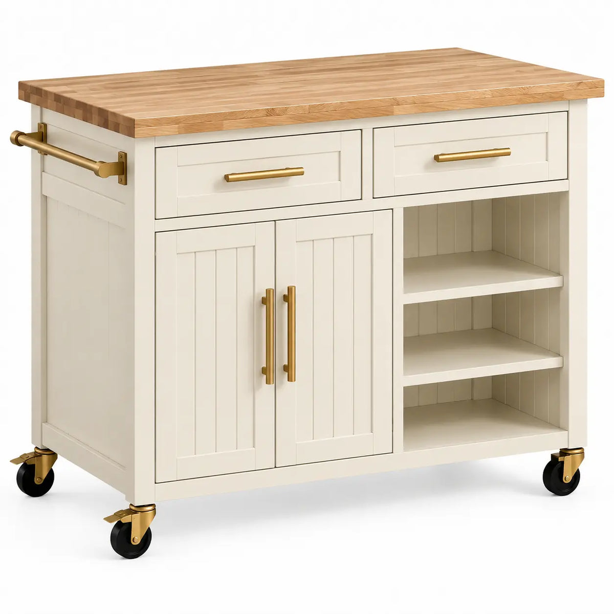 Mueble auxiliar de cocina con ruedas con cajones y estantes, blanco y marrón